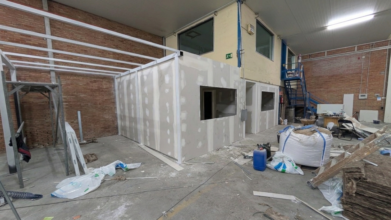 Oficinas de pladur terminadas dentro de la nave